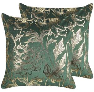 Sada 2 dekoratívnych vankúšov zelená zamatová 45 x 45 cm zlatá potlač kvetov elegantný dizajn