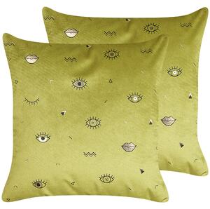 Súprava 2 dekoratívnych vankúšov zelená zamatová 45 x 45 cm zlatá potlač s motívom očí boho glamour dizajn