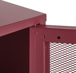 Nočný stolík tmavočervený kovový oceľová konštrukcia kovová sieťovina s dvierkami industriálny dizajn úložný priestor do spálne