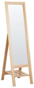 Stojace zrkadlo rám zo svetlého dreva 40 x 145 cm so stojanom a s policou moderný dizajn