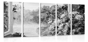 5-dielny obraz jarná kytica pri okne v čiernobielom prevedení