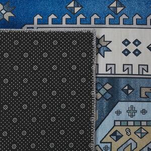 Koberec modrý a béžový polyester 80 x 240 cm s geometrickým vzorom protišmykový behúň moderná kuchyňa chodba
