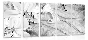 5-dielny obraz čiernobiela ľalia s perlami