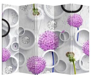 Paraván - 3D abstrakcie s kruhmi a kvetinami (210x170 cm)