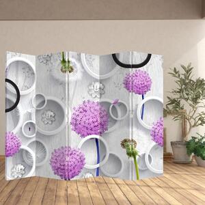 Paraván - 3D abstrakcie s kruhmi a kvetinami (210x170 cm)