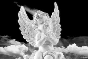 Obraz čiernobiely starostlivý anjelik na nebi