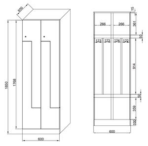 Kovová šatníková skrinka Z, 4 oddiely, 1850x600x500 mm, mechanický kódový zámok, laminované dvere, dub prírodný