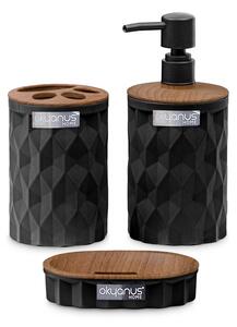 Sada kúpeľňových doplnkov Diamond, čierna/prvky s povrchovou úpravou v dekore dreva
