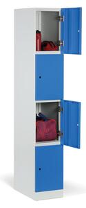 Šatníková skrinka s úložnými boxmi, 4 boxy, 1850 x 300 x 500 mm, cylindrický zámok, modré dvere