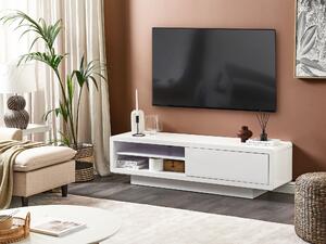 TV stojan biela drevotrieska skrinka s vysokým leskom otvorené police priechodky na káble minimalistické