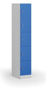 Šatníková skrinka s úložnými boxmi, 5 boxov, 1850 x 300 x 500 mm, otočný zámok, modré dvere
