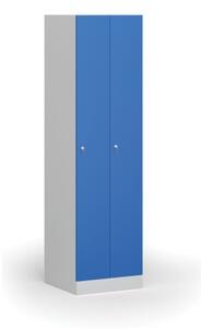 Kovová šatníková skrinka zúžená, 2 oddiely, 1850 x 500 x 500 mm, cylindrický zámok, modré dvere