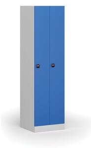 Kovová šatníková skrinka zúžená, 2 oddiely, 1850 x 500 x 500 mm, zámok s čítačkou RFID kariet, modré dvere