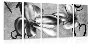 5-dielny obraz zaujímavé vintage kvety v čiernobielom prevedení