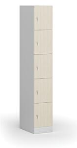 Šatníková skrinka s úložnými boxmi, 5 boxov, 1850 x 300 x 500 mm, cylindrický zámok, laminované dvere, breza