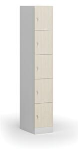 Šatníková skrinka s úložnými boxmi, 5 boxov, 1850 x 300 x 500 mm, cylindrický zámok, laminované dvere, breza