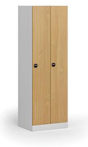 Kovová šatníková skrinka, 2-dverová, 1850 x 600 x 500 mm, zámok s čítačkou RFID kariet, laminované dvere, buk