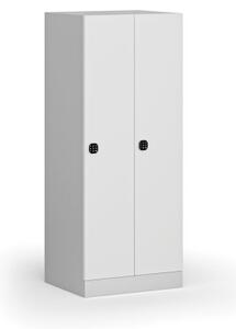 Šatníková skrinka znížená, 2 oddiely, 1500 x 600 x 500 mm, kódový zámok, laminované dvere, biela