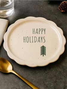 Sinsay - Vianočný keramický tanier s nápisom Happy Holidays - biela