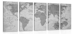 5-dielny obraz stará mapa sveta s kompasom v čiernobielom prevedení