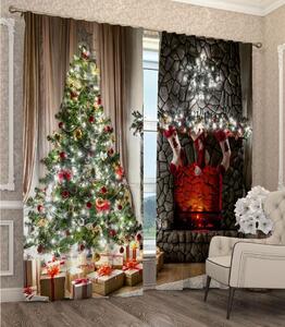 Závesy s 3D motívom vianočného stromčeka a krbu Hnedá