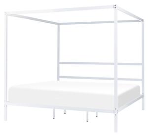 Rám postele s baldachýnom biely kov 180 x 200 cm dvojlôžko preglejkové lamely industriálny minimalistický štýl spálňa