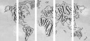 5-dielny obraz moderná mapa sveta na vintage podklade v čiernobielom prevedení