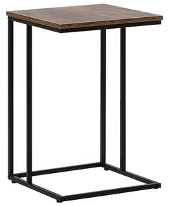 Bočný stôl, vrchná doska z tmavého dreva, čierny kovový rám, moderný priemyselný štýl v tvare písmena U, konzolová drevotriesková doska, obývacia izba