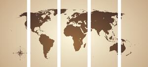 5-dielny obraz mapa sveta v odtieňoch hnedej