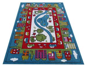 Detský koberec s motívom mesta Modrá Šírka: 120 cm | Dĺžka: 170 cm