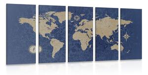 5-dielny obraz mapa sveta s kompasom v retro štýle na modrom pozadí
