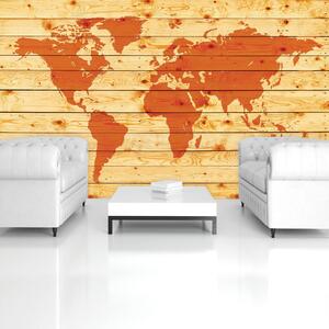 Fototapeta - Mapa sveta na borovicových doskách (254x184 cm)