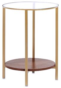 Odkladací stolík zlatý tmavé drevo doska z tvrdeného skla okrúhly ø 40 cm železný podstavec polica z drevotriesky moderný dizajn