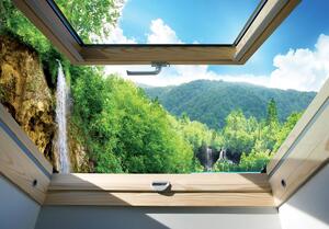 Fototapeta - Pohľad na okno vodopádu a lesa (152,5x104 cm)