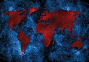 Fototapeta - Červená mapa sveta - modrý podklad (152,5x104 cm)