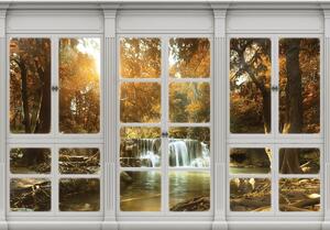 Fototapeta - Jesenný vodopád - okno (152,5x104 cm)