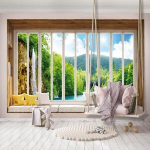 Fototapeta - Výhľad na vodopád - okno (152,5x104 cm)