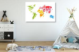 Obraz na korku mapa sveta so symbolmi jednotlivých kontinentov