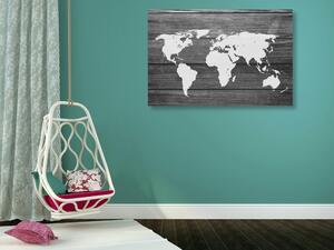 Obraz na korku čiernobiela mapa sveta s dreveným pozadím