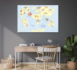 Obraz na korku mapa sveta so zvieratami