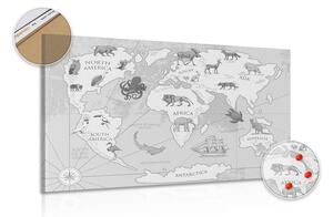 Obraz na korku čiernobiela mapa sveta so zvieratami
