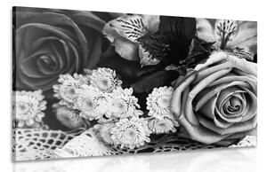 Obraz retro kytica ruží v čiernobielom prevedení