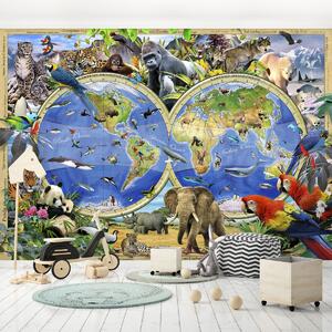 Fototapeta - Mapa sveta - Zvieratá (152,5x104 cm)