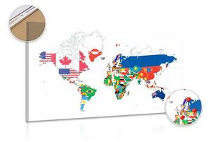 Obraz na korku mapa sveta s vlajkami s bielym pozadím