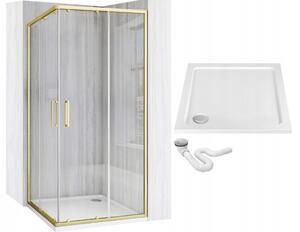 Rea City, sprchovací kút s posuvnými dverami 90(dvere) x 90(dvere) x 190 cm, zlatý matný profil + biela sprchová vanička Savoy, KPL-K6443