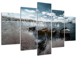 Obraz - Drevené loďky na jazere (150x105 cm)