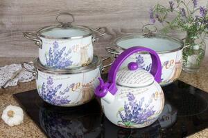 WELLHOX 7 dielna sada hrncov s čajníkom s romantickým motívom levandúľ