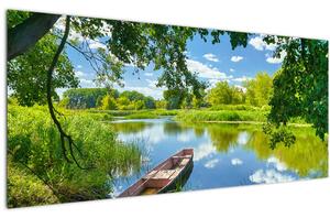 Obraz letné rieky s loďkou (120x50 cm)