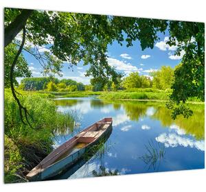 Obraz letné rieky s loďkou (70x50 cm)