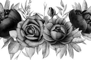 Obraz okúzľujúca kombinácia kvetov a listov v čiernobielom prevedení